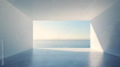 Pristine White Room with Abstract View of Calm Water and Sky at Sunrise in Minimalist Aesthetic
