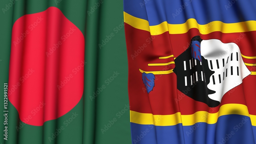 Fototapeta premium Flags of BANGLADESH and Eswatini with realistic cloth texture