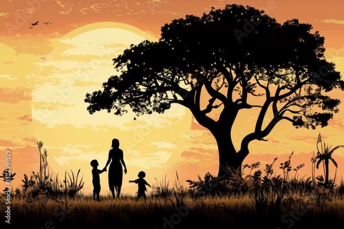silhouettes of parents with a child playing on the background of the dawn in the morning and a large tree