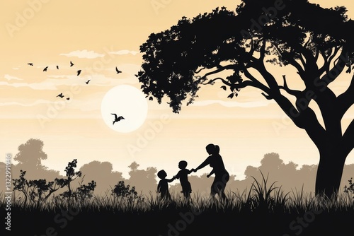 silhouettes of parents with a child playing on the background of the dawn in the morning and a large tree
