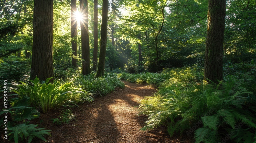 Naklejka premium A serene forest path illuminated by sunlight filtering through lush green trees, creating a tranquil and inviting atmosphere.