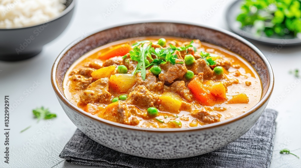 Delicious bowl of beef stew with colorful vegetables and rich broth served in an inviting and cozy presentation Delicious bowl of beef stew with colorful vegetables and rich broth served in an inviting and cozy presentation