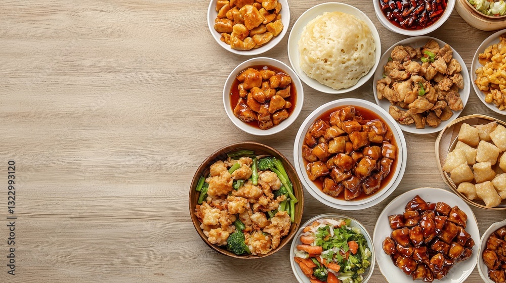 Vibrant spread of delicious chinese food arranged on a table showcasing an array of colorful dishes for enjoyment Vibrant spread of delicious chinese food arranged on a table showcasing an array of colorful dishes for enjoyment