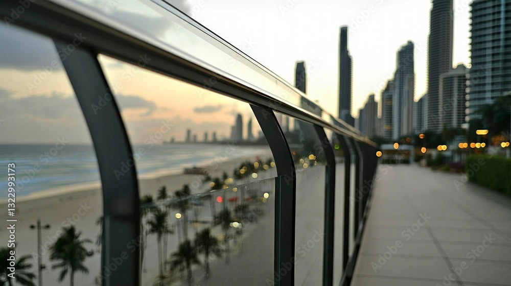 Fototapeta premium Modern Balcony Railing Beachfront Cityscape View