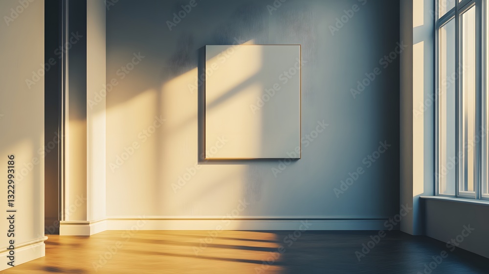 Obraz premium Vintage Living Room Design Bathed in Soft Natural Light with Empty Frame on Wall and Warm Floor