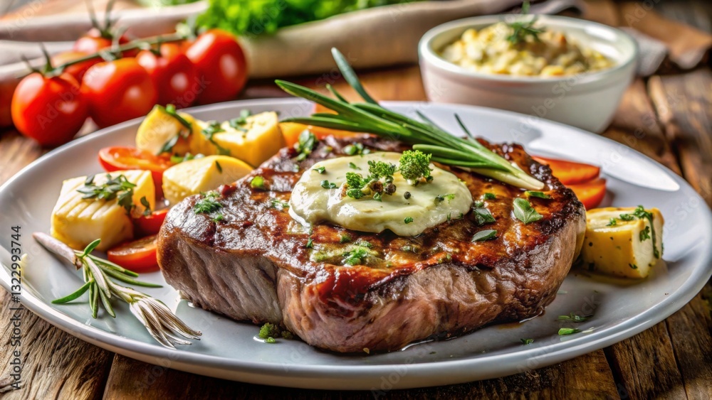 Juicy Grilled Steak with Garlic Butter and Fresh Vegetables Juicy Grilled Steak with Garlic Butter and Fresh Vegetables