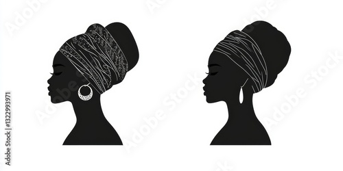 Silhoettes of african american women in a head wrap and with an earring. Beautiful black girls profile.  fashion illustration isolated