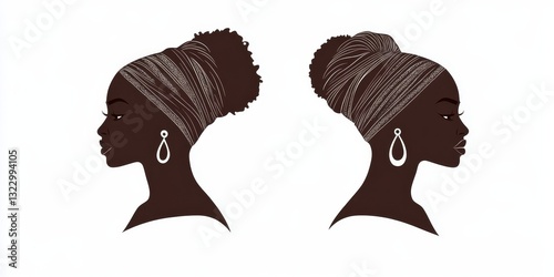 Silhoettes of african american women in a head wrap and with an earring. Beautiful black girls profile.  fashion illustration isolated