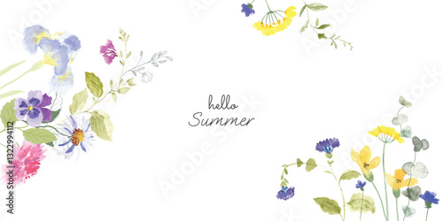 Abstract spring floral art background vector illustration. Watercolor hand painted botanical flower, leaves, eucalyptus, wildflower. Design for wallpaper, banner, card, print, wedding.