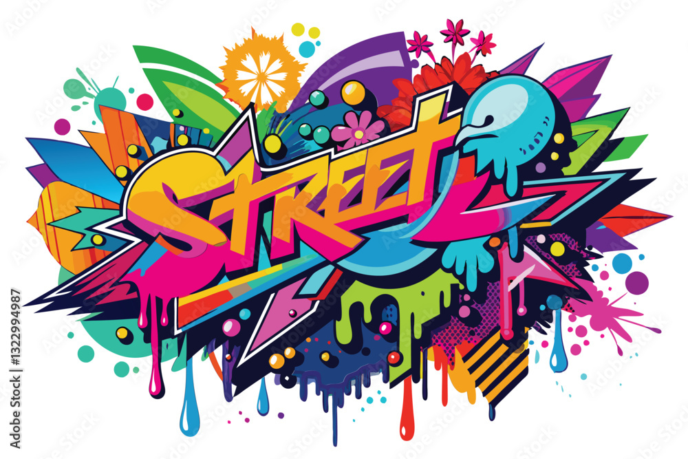 A vibrant street art display showcases a multicolored pattern with a bold inscription, enhancing urban culture, Street art with multicolored pattern, inscription, splashes and spots A vibrant street art display showcases a multicolored pattern with a bold inscription, enhancing urban culture, Street art with multicolored pattern, inscription, splashes and spots