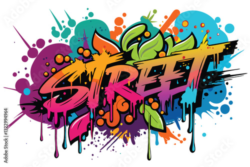 Colorful street art features dynamic paint splashes and artistic text displayed on a city wall, Street art with splashes of paint, inscriptions and space for text,