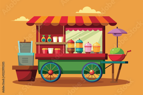 A cartoon-style street food cart is brimming with colorful options, inviting customers to choose their favorites, Street food Customizable Cartoon Illustration