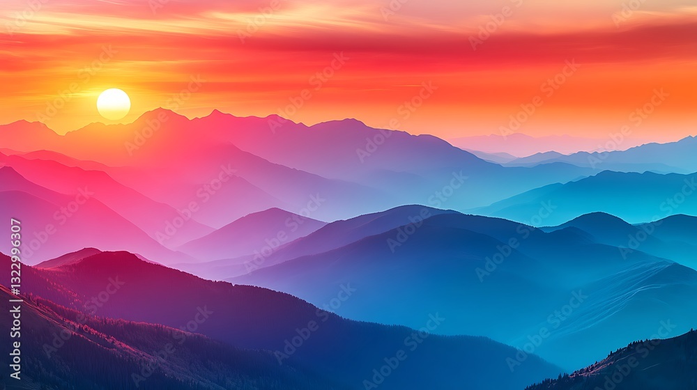 Obraz premium Vibrant Sunset Over Layered Mountains with Colorful Gradient Skies