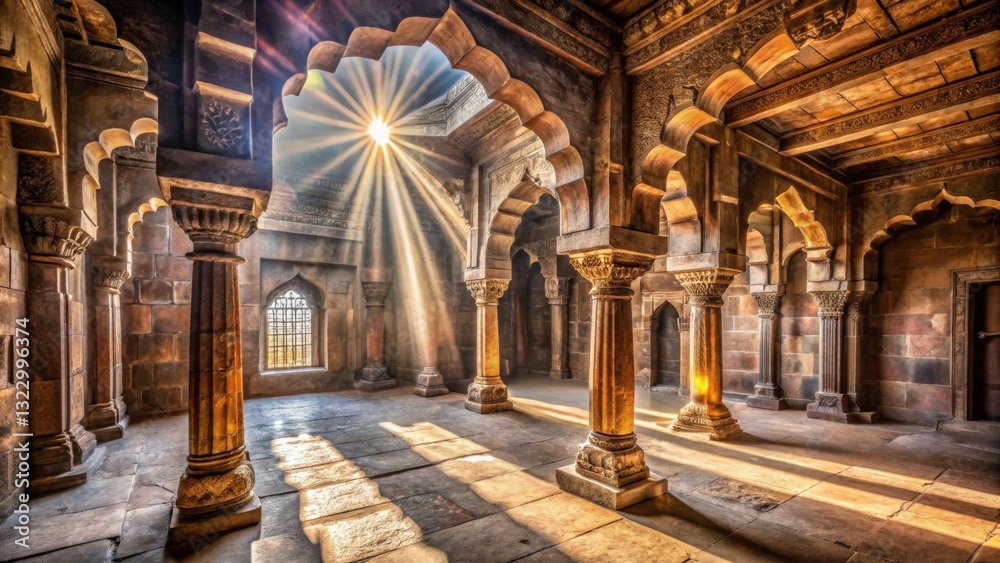 Fototapeta premium Sunlight Streaming Through Arched Windows in Historic Building Interior