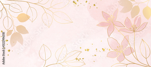 Abstract spring floral art background vector illustration. Watercolor botanical flower and gold brush line art texture. Luxury design for wallpaper, poster, banner, card, print, wedding. 