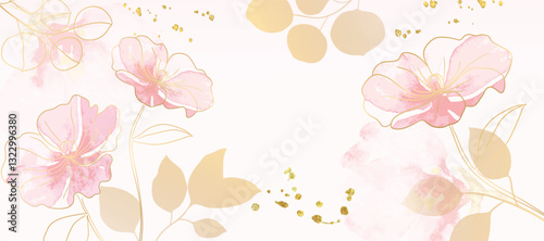 Abstract spring floral art background vector illustration. Watercolor botanical flower and gold brush line art texture. Luxury design for wallpaper, poster, banner, card, print, wedding. 