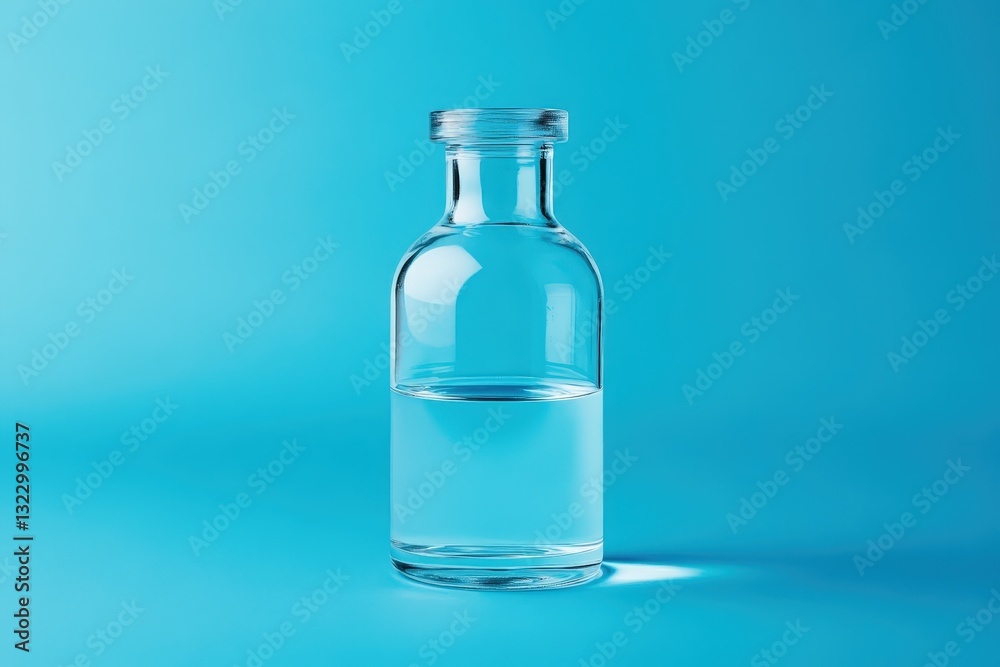 A partially filled clear glass bottle is displayed against a blue background A partially filled clear glass bottle is displayed against a blue background