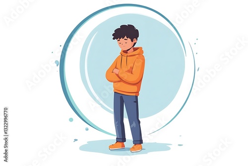 Young cartoon character drawing a circle around themselves, symbolizing social distancing and depression during quarantine