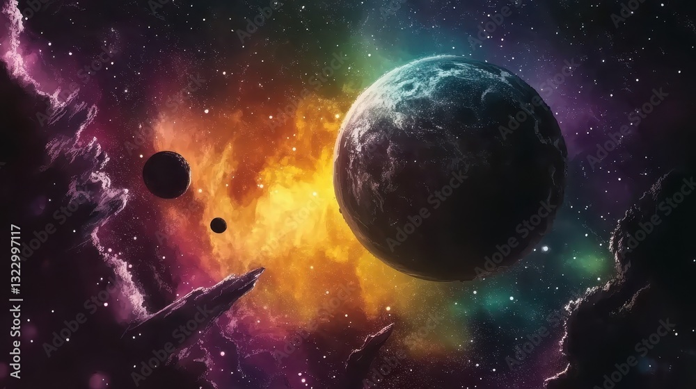 Obraz premium Cosmic Landscape Featuring a Planet and Nebulous Clouds