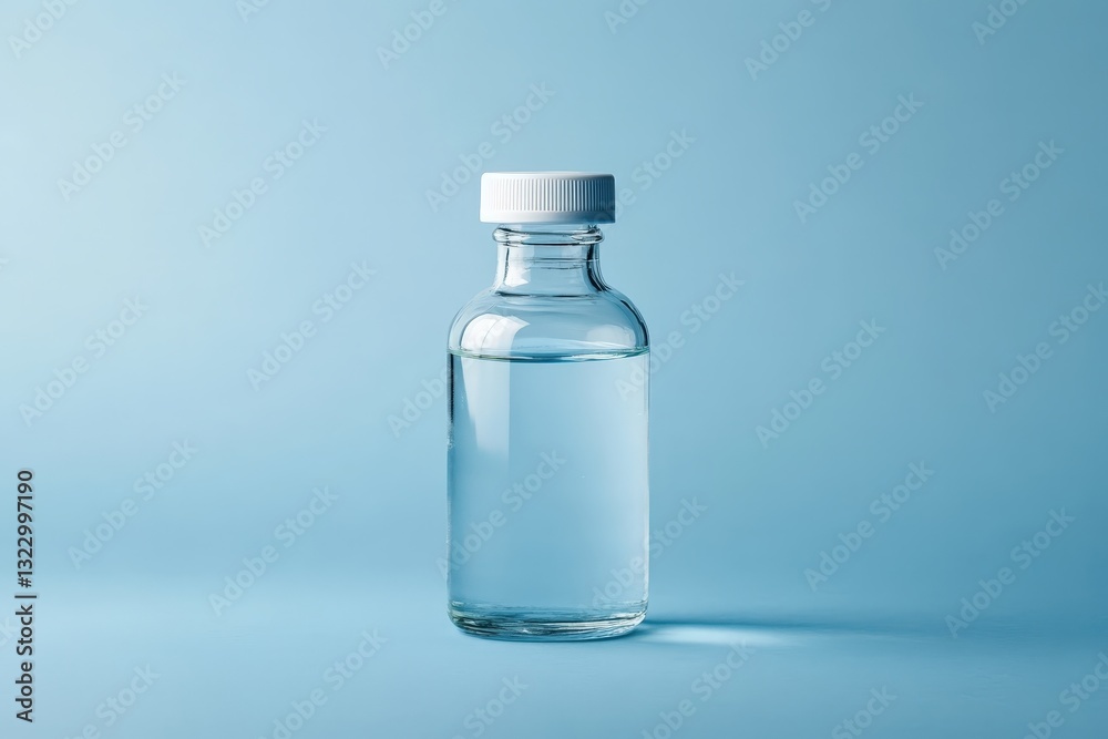 A small transparent glass bottle filled with clear liquid A small transparent glass bottle filled with clear liquid