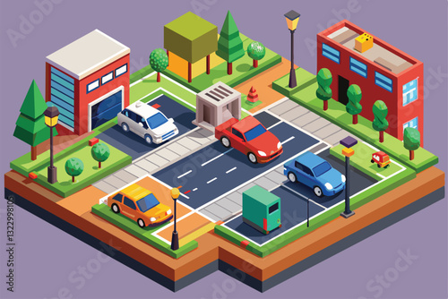 A vibrant isometric layout depicting a street with customizable paid parking spaces, including different vehicles, Street paid parking Customizable Isometric Illustration