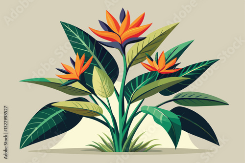 A colorful cartoon strelitzia plant showcases bright flowers and rich green leaves in a whimsical design, Strelitzia plant Customizable Cartoon Illustration