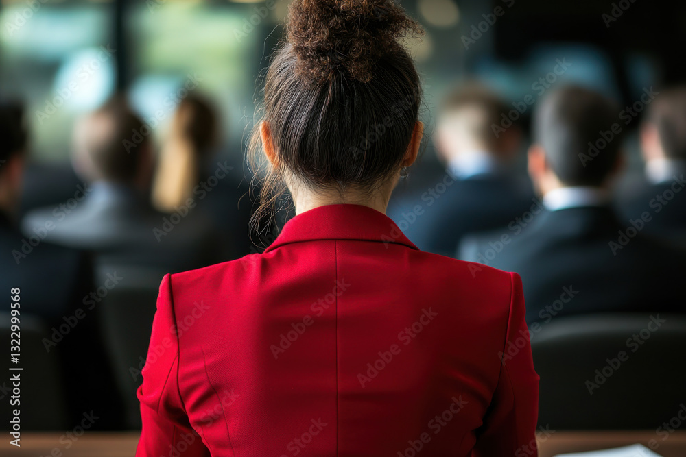 Fototapeta premium Businesswoman Wearing a Red Blazer Leading a Meeting in a Room Full of Dark-Suited Colleagues