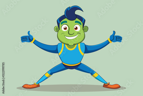 A vibrant cartoon character smiles and stretches, showcasing a playful superhero design, Stretch Customizable Cartoon Illustration