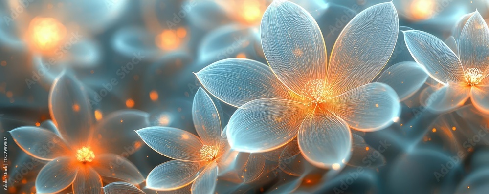 Fototapeta premium Floral illustration abstract background idea. Delicate glowing flowers with soft petals and warm light create an ethereal atmosphere.