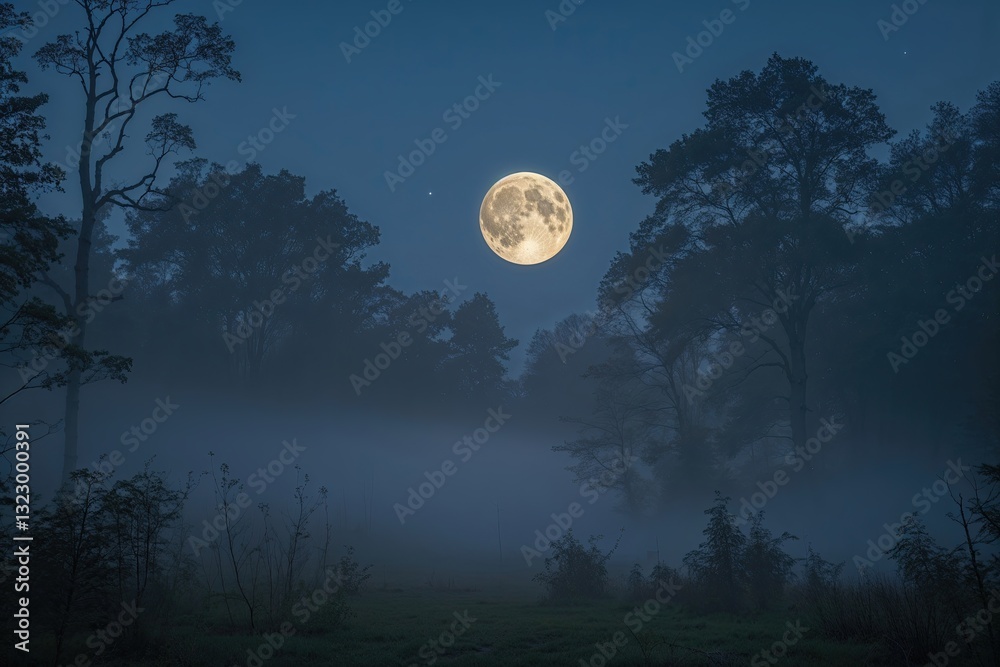 Naklejka premium Enchanted Forest Canopy Beneath Glowing Full Moon Light