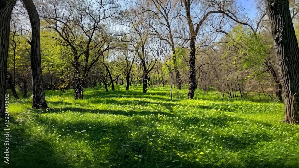 Lush green meadow with trees under bright blue sky during spring afternoon Lush green meadow with trees under bright blue sky during spring afternoon