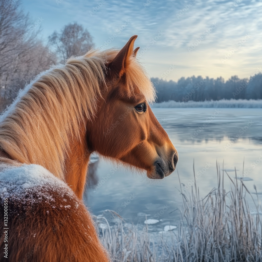 Obraz premium Chestnut horse with snow-covered mane standing beside a frozen lake, peaceful and stunning, UHD 8K