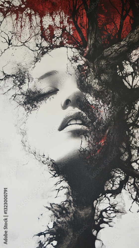 Surreal Woman Tree: A Dark, Dreamlike Abstract Painting