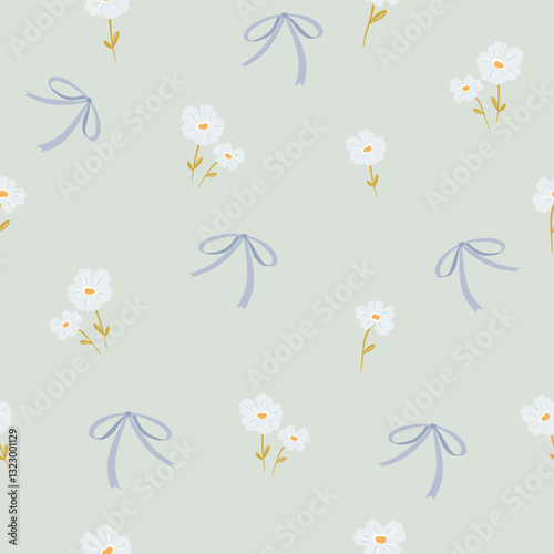 light blue flowers and blue bows seamless  pattern , vector , illustration