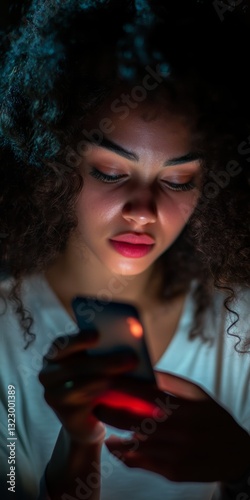 A woman with curly hair is looking at her cell phone