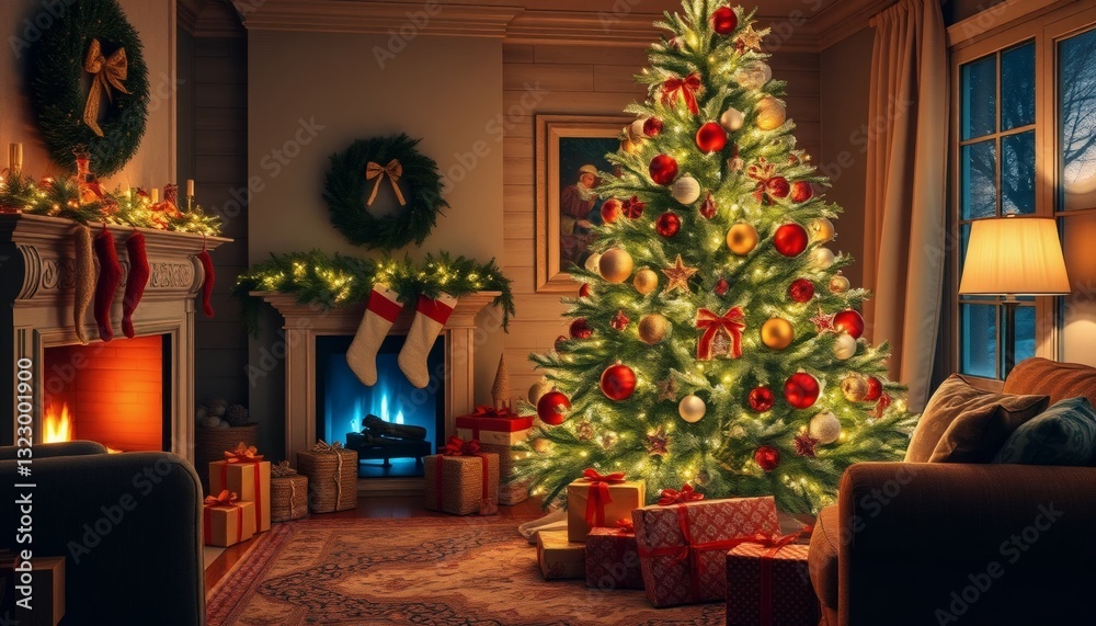 Cozy Christmas Living Room with Decorated Tree Presents and Fireplace Cozy Christmas Living Room with Decorated Tree Presents and Fireplace