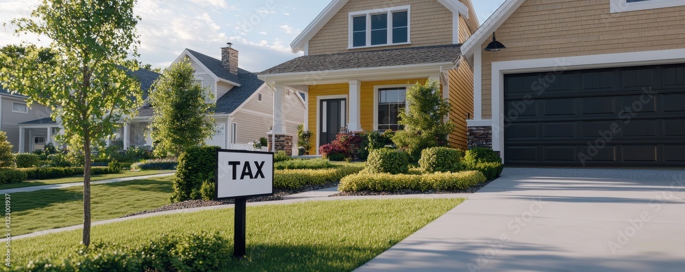 Obraz premium Modern suburban home with yellow exterior and tax sign in front yard under clear blue sky during daylight