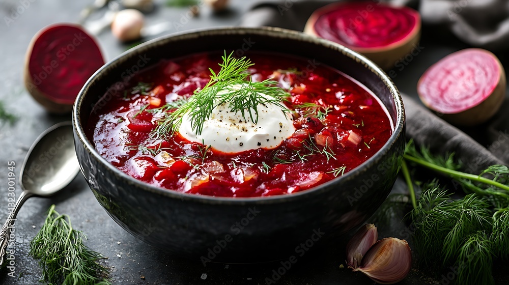 Hearty Beet Soup in Bowl Garnished with Sour Cream and Dill Hearty Beet Soup in Bowl Garnished with Sour Cream and Dill