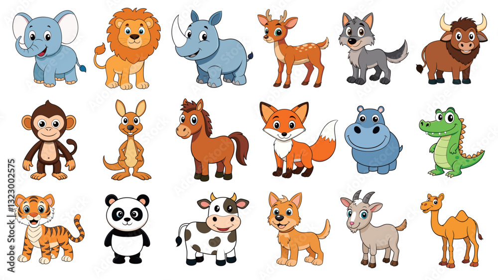 Obraz premium animal cartoon set collection vector illustration. Funny flat characters, good for banners, prints, patterns, children book illustration etc