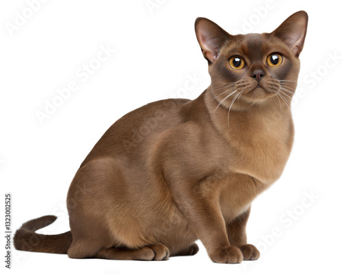 Adult Burma brown cat, isolated on white background. Sitting Burmese cat. Studio photo.