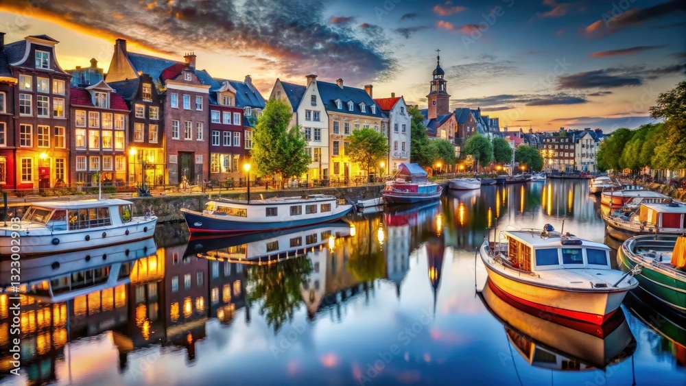 Fototapeta premium River Cityscape: Boats, Buildings, Urban Waterfront Photography