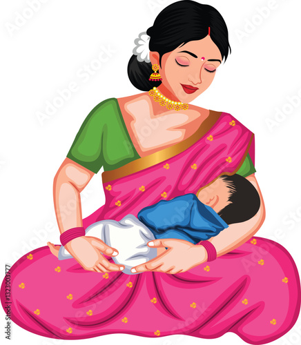 A Beautiful Indian Woman With Infant Baby Vector Illustration