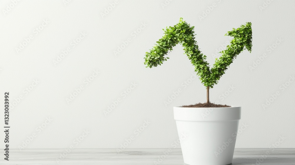 Fototapeta premium Green plant with upward arrows symbolizing growth and prosperity in a minimalist indoor setting