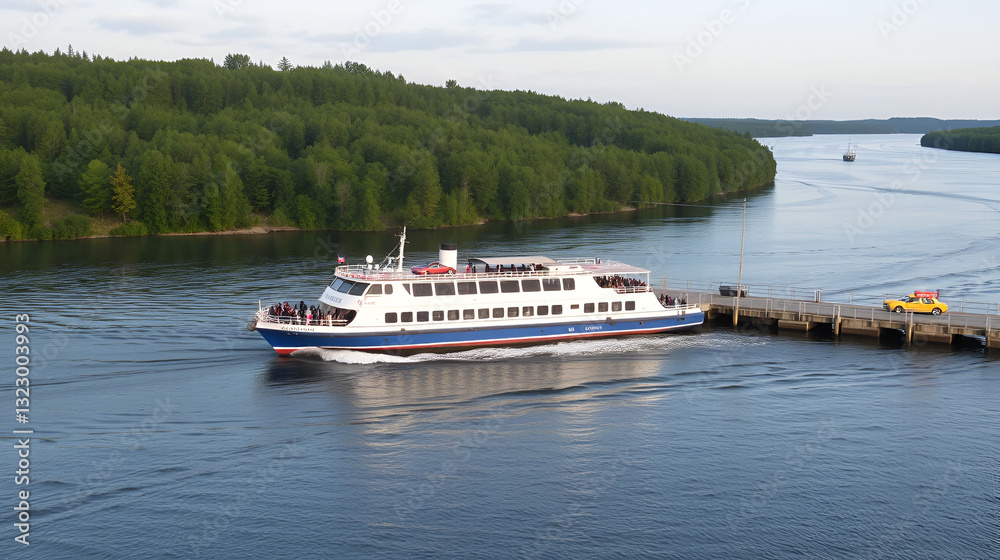 passenger and car ferry across the Volga river in Myskin, Russia passenger and car ferry across the Volga river in Myskin, Russia