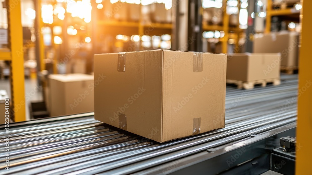 Cardboard Box on Conveyor Belt in Modern Warehouse with Warm Light During Daytime Cardboard Box on Conveyor Belt in Modern Warehouse with Warm Light During Daytime