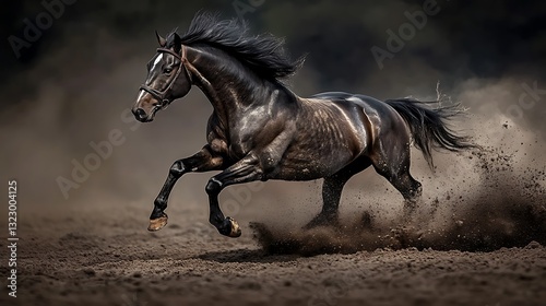 Black Horse Galloping Through Field Kicking Up Dust in Dramatic Scene