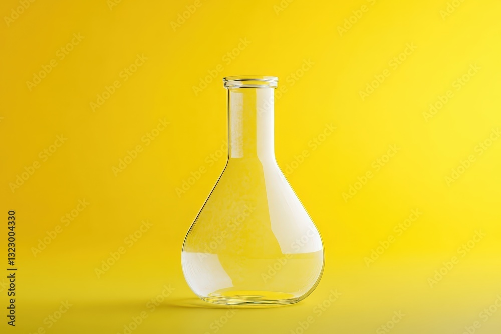 A single clear glass chemistry flask sitting against a yellow background A single clear glass chemistry flask sitting against a yellow background