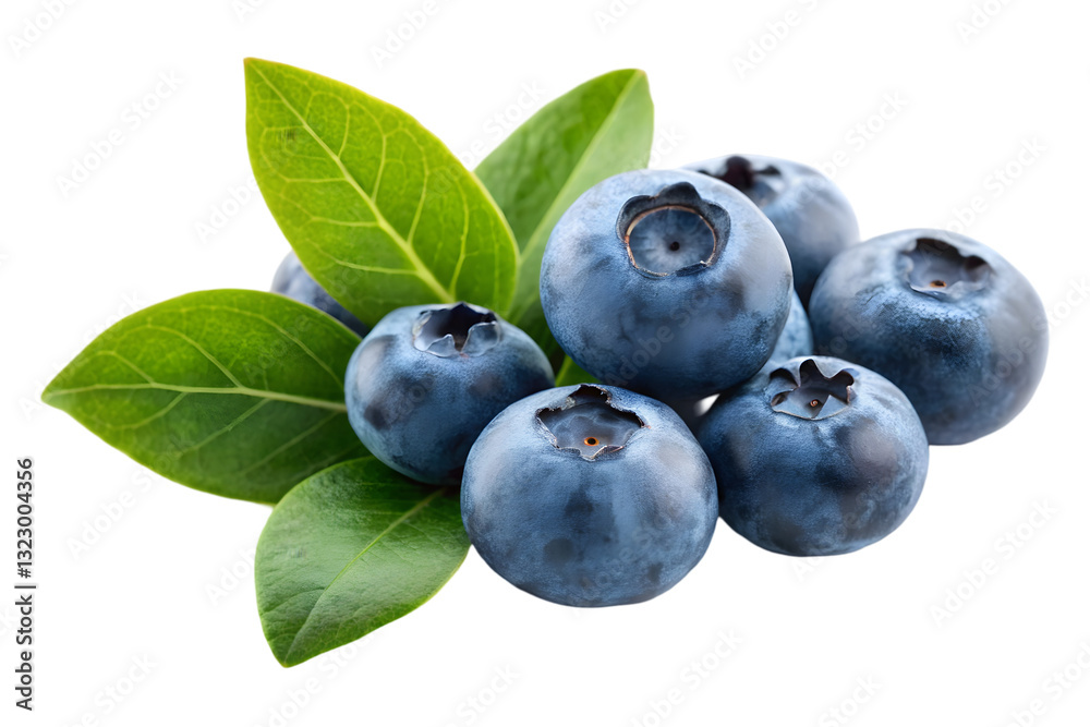 Fresh blueberries with green leaves