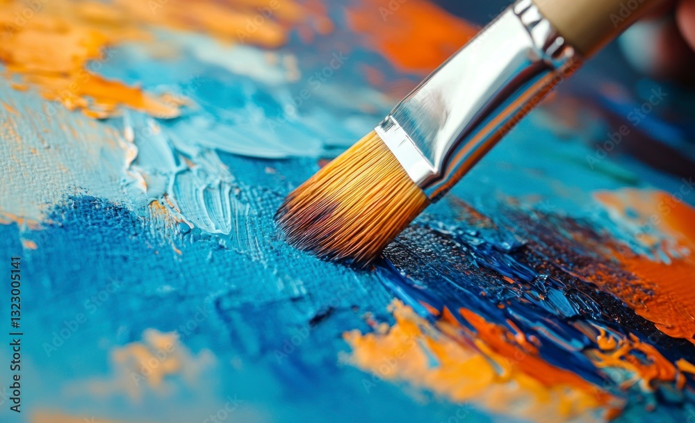 Fototapeta premium Painting with Brush Strokes in Blue and Orange Creating Texture