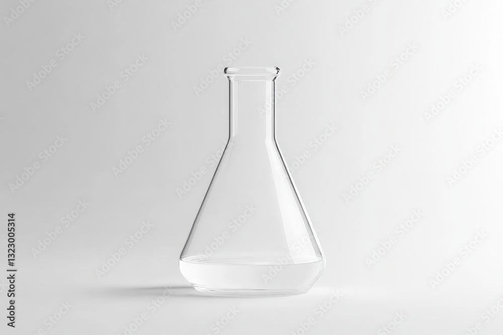 A single clear flask containing liquid placed on a white surface A single clear flask containing liquid placed on a white surface